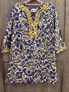 Boden Blue and Yellow Embroidered Long Sleeve Tunic Dress